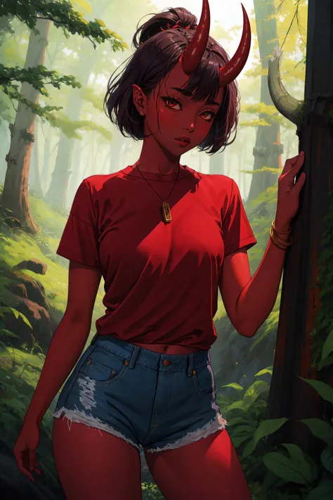 masterpiece, best quality, ultra high res, beautiful, visually stunning, elegant, incredible details,  award-winning art,  <lora:0n1 - RedOni-000010:0.65>, 0n1, red skin, oni horns, oni, red oni, colored skin,     forest, nature, shirt, shorts,