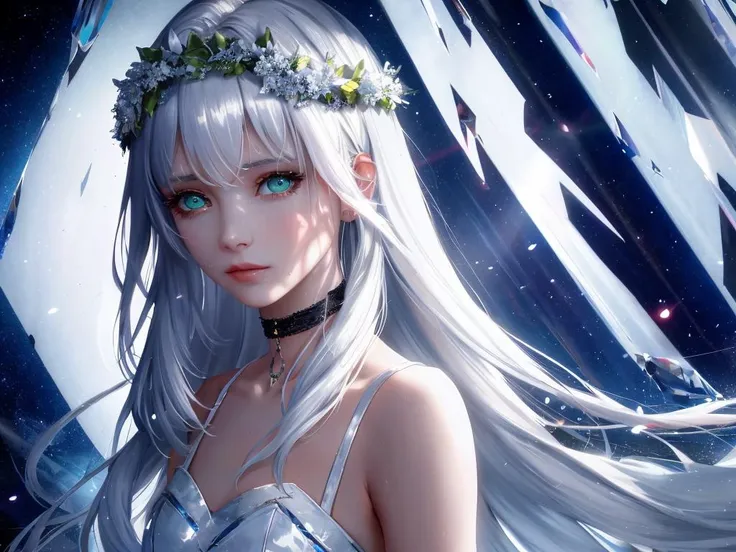 petite, 1girl, solo, white hair,hair intakes, floating hair,head wreath,tiger tooth,galaxy,choker,center frills,torn clothes,embarrassed ,{{{{by famous artist}}}, beautiful, masterpiece, reflective hair, good lighting, {{looking at you}}, {{{{by wadim kashin}}}}, {{{{ray tracing}}}}, flowing hair, glossy hair, {{{super detailed skin}}}, masterpiece, masterwork, detailed, good lighting, glass tint, zoom in on eyes, {{reflective eyes}}, water eyes, portrait of girl,