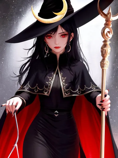 1girl, solo, hat, staff, witch hat, black hair, jewelry, red eyes, long hair, holding staff, holding, witch, earrings, black nails, looking at viewer, dress, black dress, black headwear, nail polish, capelet, crescent, mole