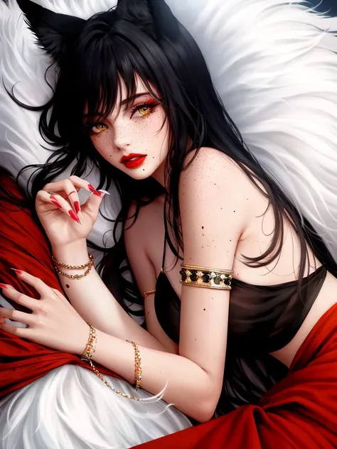 1girl, solo, animal ears, fox ears, freckles, long hair, fingernails, black hair, breasts, long fingernails, looking at viewer, jewelry, yellow eyes, mole, armlet, tail, mole on breast, lying, fox tail, red lips, bracelet, lips, upper body, nail polish, realistic, eyelashes, bangs, red nails, sharp fingernails, bare shoulders