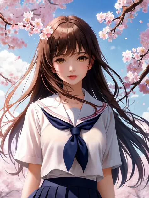 game cg,(solo),(((masterpiece, best quality, detailed))), cherry_blossoms,petals,letterboxed,spring_(season),1girl,branch,long_hair,school_uniform,falling_petals,solo,serafuku,wind,brown_hair,sailor_collar,hanami,looking_at_viewer,neckerchief,brown_eyes,parted_lips,bangs,upper_body,flower,floating_hair,pink_flower,white_shirt,graduation