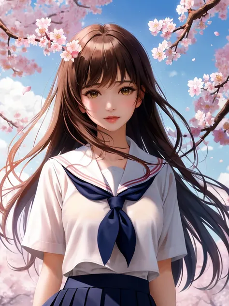 game cg,(solo),(((masterpiece, best quality, detailed))), cherry_blossoms,petals,letterboxed,spring_(season),1girl,branch,long_hair,school_uniform,falling_petals,solo,serafuku,wind,brown_hair,sailor_collar,hanami,looking_at_viewer,neckerchief,brown_eyes,parted_lips,bangs,upper_body,flower,floating_hair,pink_flower,white_shirt,graduation