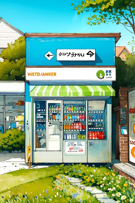 no humans, traditional media, sign, plant, watercolor (medium), painting (medium), english text, outdoors, vending machine, door, scenery, window, shop, tree,<lora:Pastel color:0.82>