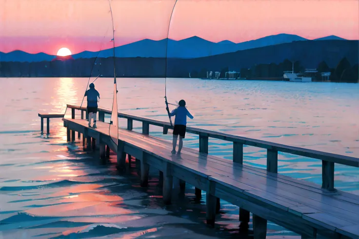 <lora:pastelcolor:0.7>, fishing pier, tranquil waters, anglers, sunset fishing || masterpiece, 8k, high resolution, shallow depth of field, sharp focus
