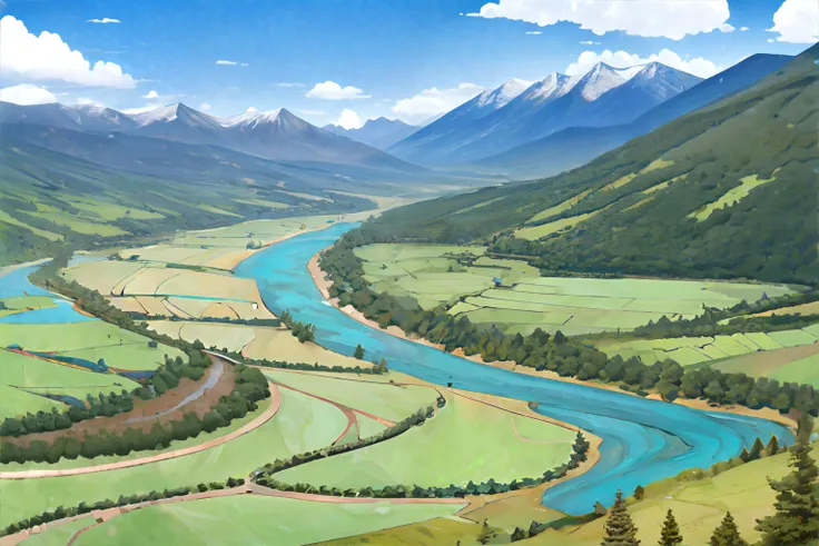 <lora:pastelcolor:0.7>, valley, encircled by mountains, meandering river, scenic || masterpiece, 8k, high resolution, shallow depth of field, sharp focus