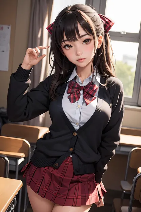 (masterpiece, best quality), 1girl, <lora:CHAR-ChikaruMinamoto:1> ChikaruMinamoto, hair bow, school uniform, cardigan, plaid skirt