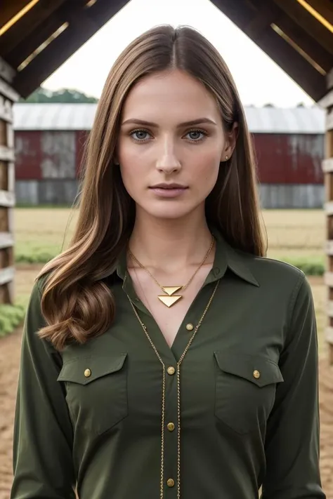 European woman, closeup, (shirt), pants, (farm with barn), gold necklace , ZM_alessia, wide shoulders, perfect face, (contact iris: 1.1), pale skin, skin pores , depth of field