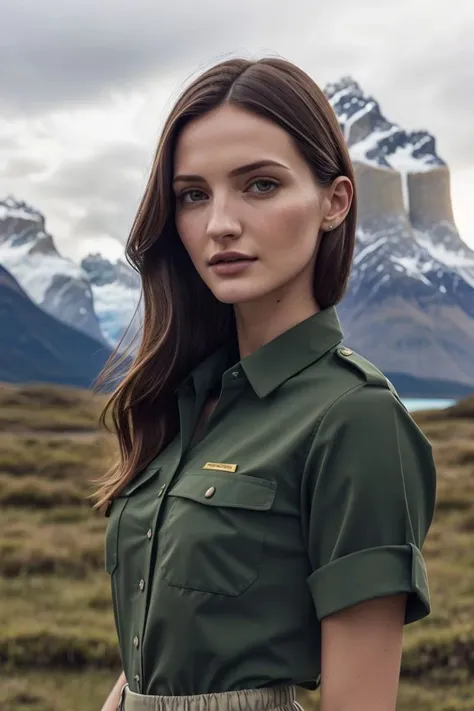 European woman, closeup, (shirt), pants, (Torres del Paine), (), ZM_alessia, wide shoulders, perfect face, (contact iris: 1.1), pale skin, skin pores , depth of field