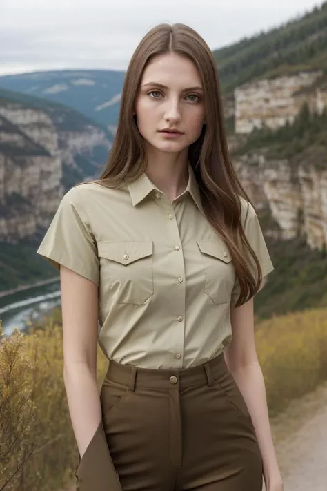 European woman, closeup, (shirt), pants, (glenwood canyon), (), ZM_alessia, wide shoulders, perfect face, (contact iris: 1.1), pale skin, skin pores , depth of field