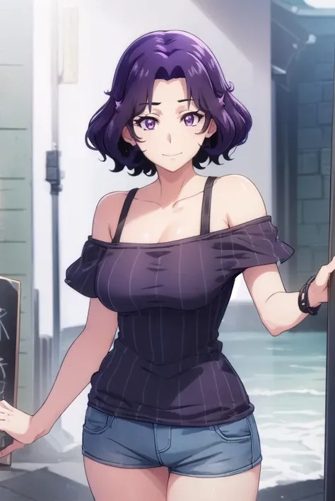 azusahamaoka, <lora:azusa hamaoka s1-lora-nochekaiser:1>,
azusa hamaoka, short hair, (purple eyes:1.1), purple hair, (parted bangs:1.5), smile, grin,
BREAK bare shoulders, collarbone, shoulder cutout, shirt, black shirt, shorts, denim,
BREAK outdoors, beach,
BREAK looking at viewer, (cowboy shot:1.5),
BREAK <lyco:GoodHands-beta2:1>, (masterpiece:1.2), best quality, high resolution, unity 8k wallpaper, (illustration:0.8), (beautiful detailed eyes:1.6), extremely detailed face, perfect lighting, extremely detailed CG, (perfect hands, perfect anatomy),
