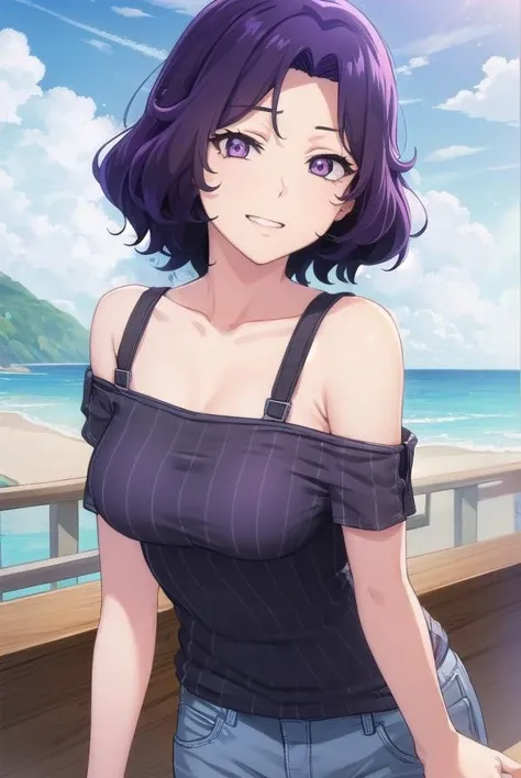 azusahamaoka, <lora:azusa hamaoka s1-lora-nochekaiser:1>,
azusa hamaoka, short hair, (purple eyes:1.1), purple hair, (parted bangs:1.5), smile, grin,
BREAK bare shoulders, collarbone, shoulder cutout, shirt, black shirt, shorts, denim,
BREAK outdoors, beach,
BREAK looking at viewer, (cowboy shot:1.5),
BREAK <lyco:GoodHands-beta2:1>, (masterpiece:1.2), best quality, high resolution, unity 8k wallpaper, (illustration:0.8), (beautiful detailed eyes:1.6), extremely detailed face, perfect lighting, extremely detailed CG, (perfect hands, perfect anatomy),