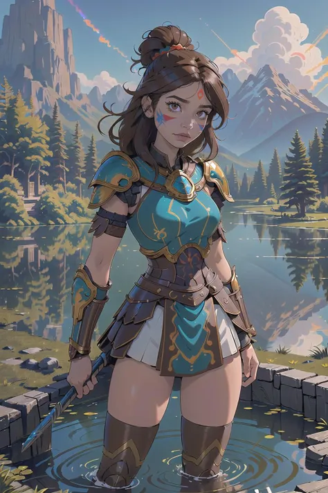 (masterpiece, best_quality, ultra-detailed, immaculate:1.3), epic, illustration, 1girl, full body, stoic mountain amazon huntress, (muscular:1.1), (armor:1.3), pauldrons, , (warpaint:1.4), brown hair, hair bun,Knee Length Hair, standing, , in a radioactive, imaginary village, by a  pond, bombshell hair, brown hair, ahoge, arms up<lora:EnvyBeautyMix17:1>