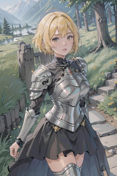 (masterpiece, best_quality, ultra-detailed, immaculate:1.3), epic, illustration, mountain paladin lord villainess, (armor:1.3), pauldrons, yellow hair, Choppy Layers, wallwalking, in a Swiss dark forest, in a photogenic dimension, bombshell hair, dark white hair, short hair, handstand<lora:EnvyBeautyMix17:1>