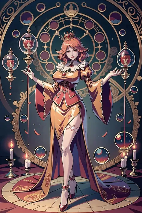 (masterpiece, best_quality, ultra-detailed, immaculate:1.3), epic, illustration, 1girl, (full body:1.3), female jrpg final boss, (huge opulent crown:1.3),(red lipstick:1.3),(high collar:1.3), japanese, (Bubbling cauldron,Demonic summoning circle,Huge ominous hourglass:1.3),Standing over a vanquished hero or adversary, at a creepy zoo, bombshell hair, matte beige hair with peach highlights, drill hair,Classic Length Hair, victory pose<lora:EnvyBeautyMix17:1>