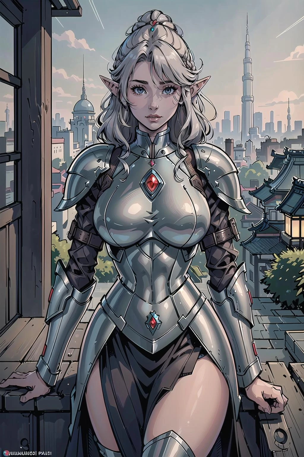 (masterpiece, best_quality, ultra-detailed, immaculate:1.3), epic, illustration, elf sci-fi paladin , sexy armor, pauldrons, matte brown hair, Scalp Braids, reaching, overlooking a British, moist city, on a Kyoto street, bombshell hair, bright platinum hair, half updo,Shaggy Layers, lying<lora:EnvyBeautyMix17:1>