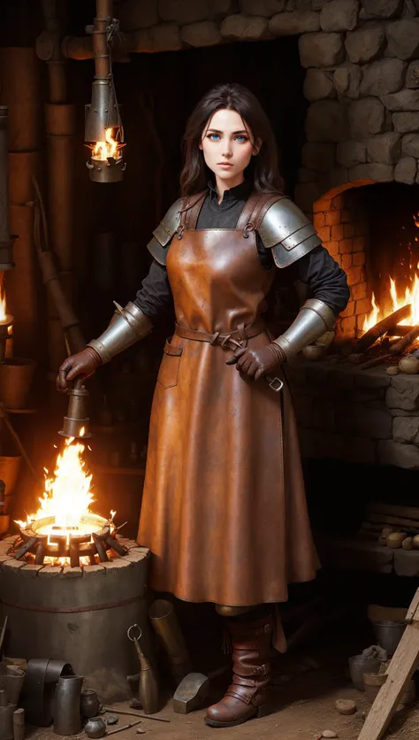 female, woman blacksmith wearing brown leather tunic, working by forge, metallurgy,iron working, medieval fantasy,<lora:EnvyBeautyMix17:1>