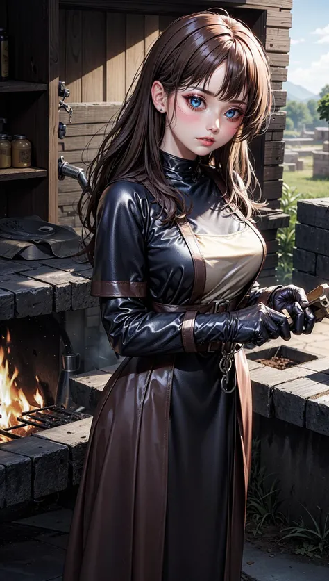 female, woman blacksmith wearing brown leather tunic, working by forge, metallurgy,iron working, medieval fantasy,<lora:EnvyBeautyMix17:1>