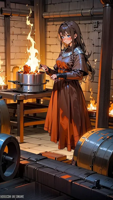 female, woman blacksmith wearing brown leather tunic, working by forge, metallurgy,iron working, medieval fantasy,<lora:EnvyBeautyMix17:1>