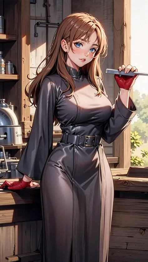 female, woman blacksmith wearing brown leather tunic, working by forge, metallurgy,iron working, medieval fantasy,<lora:EnvyBeautyMix17:1>