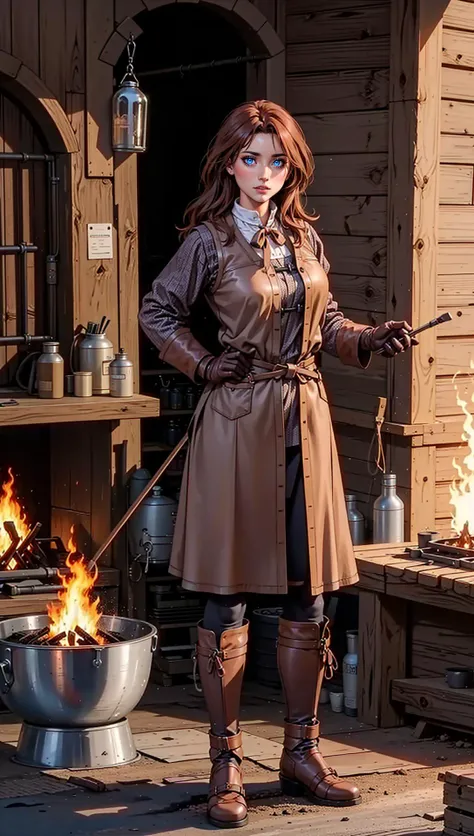 female, woman blacksmith wearing brown leather tunic, working by forge, metallurgy,iron working, medieval fantasy,<lora:EnvyBeautyMix17:1>