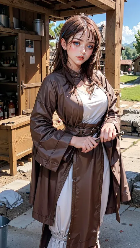 female, woman blacksmith wearing brown leather tunic, working by forge, metallurgy,iron working, medieval fantasy,<lora:EnvyBeautyMix17:1>