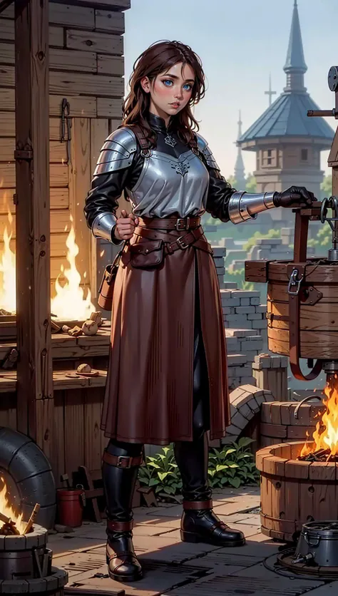 female, woman blacksmith wearing brown leather tunic, working by forge, metallurgy,iron working, medieval fantasy,<lora:EnvyBeautyMix17:1>