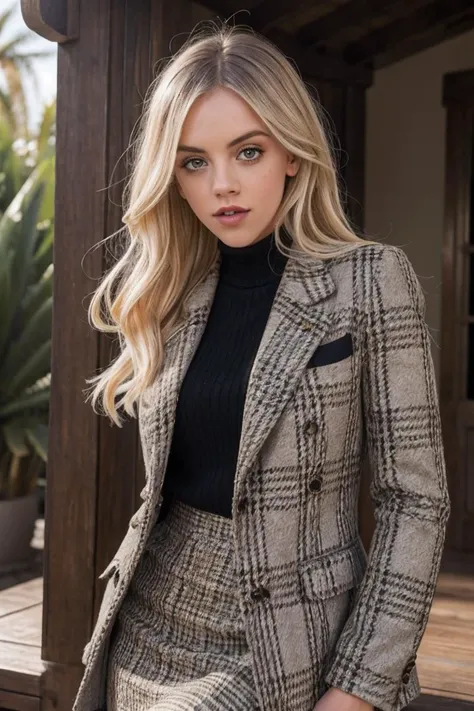 photo of Bl4k3Ed3n_HM-135, a woman, perfect hair, (modern photo), wearing tweed coat, blouse, long skirt, 50mm standard (analog, cinematic, film grain:1.3), Floating Islands, Planet with gravity-defying islands offering unique ecosystems., detailed eyes, professional pose, (epiCPhoto), (looking at viewer:1.1), (cinematic shot:1.3), (loop style lighting), (OverallDetail:1.1), SkinHairDetail