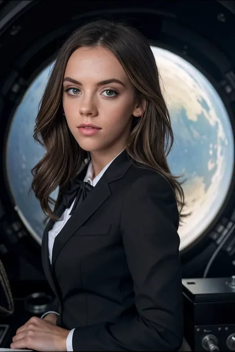 photo of Bl4k3Ed3n_HM-135, a woman, perfect hair, (modern photo), wearing business suit, 135mm standard (analog, cinematic, film grain:1.3), Galactic Observatory, Space observatory studying distant galaxies, black holes, and cosmic phenomena., detailed eyes, professional pose, (epiCPhoto), (looking at viewer:1.1), (cinematic shot:1.3), (soft style lighting), (OverallDetail:1.1), SkinHairDetail
