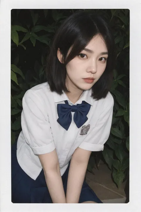 best quality,masterpiece,ultra high res,(photorealistic:1.3),8K,raw photo,natural skin texture,dynamic pose,top model,((((film grain)))),((((Polaroid)))),posing,young woman,bend over,from the side,(sfw),outdoors,garden,flower shop; mole under eye,(short-sleeved JK_shirt),JK_style,(dark blue JK_skirt),(bow JK_tie),<lora:InstantPhotoX3:0.3>,<lora:microwaist_4_z:0.3>,<lora:Squeezer2:0.3>,<lora:FilmG3:0.5>,<lora:depth_of_field_slider_v1:5>,<lora:jk uniform:0.5>,<lora:cosmetic_surgery_face_v10:0.8>,