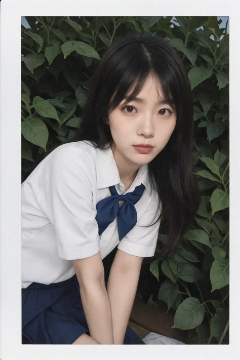 best quality,masterpiece,ultra high res,(photorealistic:1.3),8K,raw photo,natural skin texture,dynamic pose,top model,((((film grain)))),((((Polaroid)))),posing,young woman,bend over,from the side,(sfw),outdoors,garden,flower shop; mole under eye,(short-sleeved JK_shirt),JK_style,(dark blue JK_skirt),(bow JK_tie),<lora:InstantPhotoX3:0.3>,<lora:microwaistV05:0.3>,<lora:Squeezer2:0.3>,<lora:FilmG3:0.5>,<lora:depth_of_field_slider_v1:5>,<lora:jk uniform:0.5>,<lora:cosmetic_surgery_face_v10:0.6>,