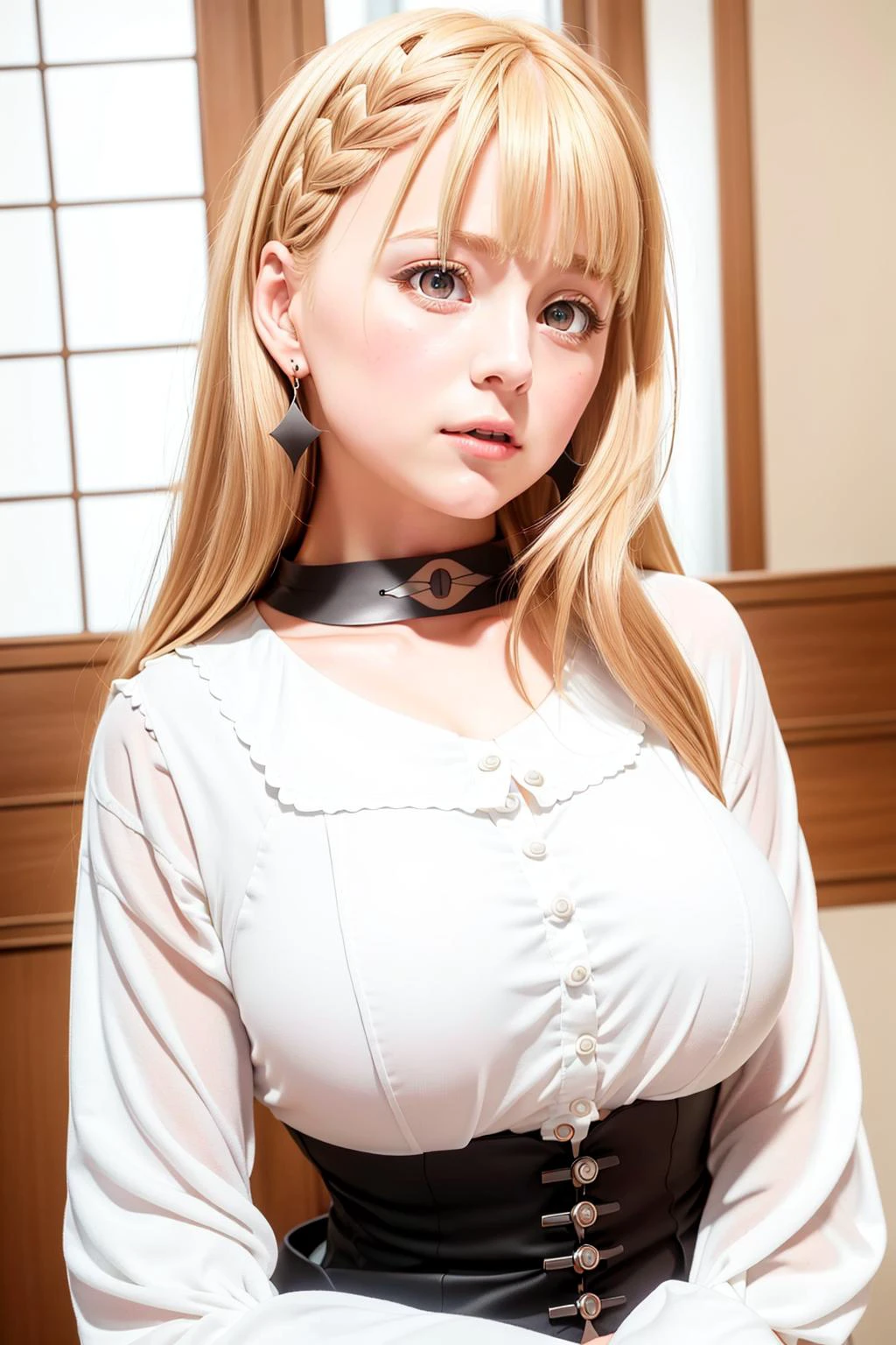 Simple White Background,
choker, long sleeves,black ribbon,white shirt,
<lora:Jess_Butareba-KK77-V1:0.7>,earrings, jewelry,
bangs,blonde hair, blue eyes, long hair,braid,
<lora:Western_female_01-KK77-V1:0.5>,<lora:more_details:0.1>,
1 girl, 20yo,Young female,Beautiful Finger,Beautiful long legs,Beautiful body,
Beautiful Nose,Beautiful character design, perfect eyes, perfect face,expressive eyes,perfect balance,
looking at viewer,(Focus on her face),closed mouth, (innocent_big_eyes:1.0),(Light_Smile:0.3),
official art,extremely detailed CG unity 8k wallpaper, perfect lighting,Colorful, Bright_Front_face_Lighting,White skin,
(masterpiece:1.0),(best_quality:1.0), ultra high res,4K,ultra-detailed,
photography, 8K, HDR, highres, absurdres:1.2, Kodak portra 400, film grain, blurry background, bokeh:1.2, lens flare, (vibrant_color:1.2),professional photograph,
(Beautiful,large_Breasts:1.4), (beautiful_face:1.5),(narrow_waist),