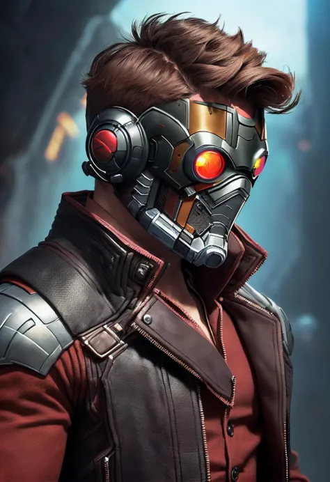 a photo of st4rl0rd in a space ship, closeup, ((best quality)), ((masterpiece)), (brown jacket open), (detailed), (high-resolution:1.2), with a wolkman, listening to music