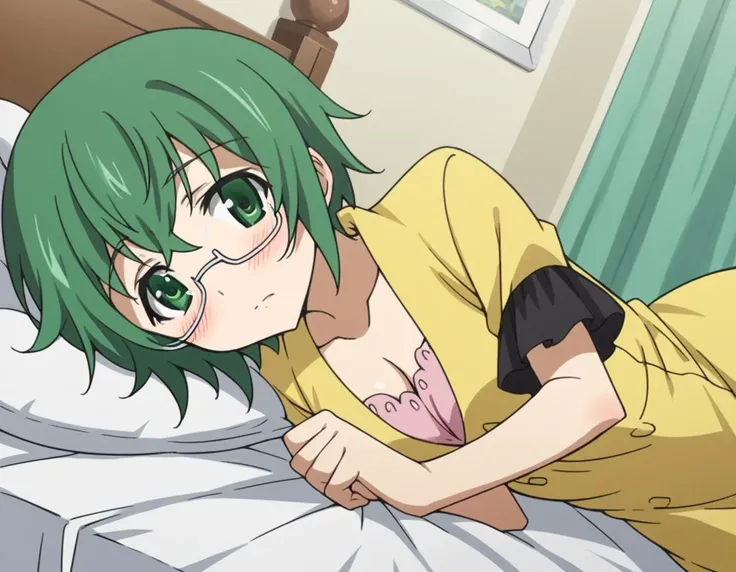 score_9, score_8_up, score_7_up, source_anime,
mayayamada, <lora:maya-yamada-s2-ponyxl-lora-nochekaiser:1>,
maya yamada, short hair, green eyes, green hair, glasses, semi-rimless eyewear, under-rim eyewear,
dress, cleavage, yellow dress, short sleeves, collarbone,
indoors, bed, bed room, on side, blush, drunk,
looking at viewer, cowboy shot, solo, dutch angle,