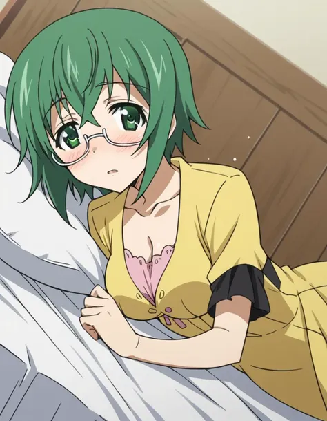 score_9, score_8_up, score_7_up, source_anime,
mayayamada, <lora:maya-yamada-s2-ponyxl-lora-nochekaiser:1>,
maya yamada, short hair, green eyes, green hair, glasses, semi-rimless eyewear, under-rim eyewear,
dress, cleavage, yellow dress, short sleeves, collarbone,
indoors, bed, bed room, on side, blush, drunk,
looking at viewer, cowboy shot, solo, dutch angle,