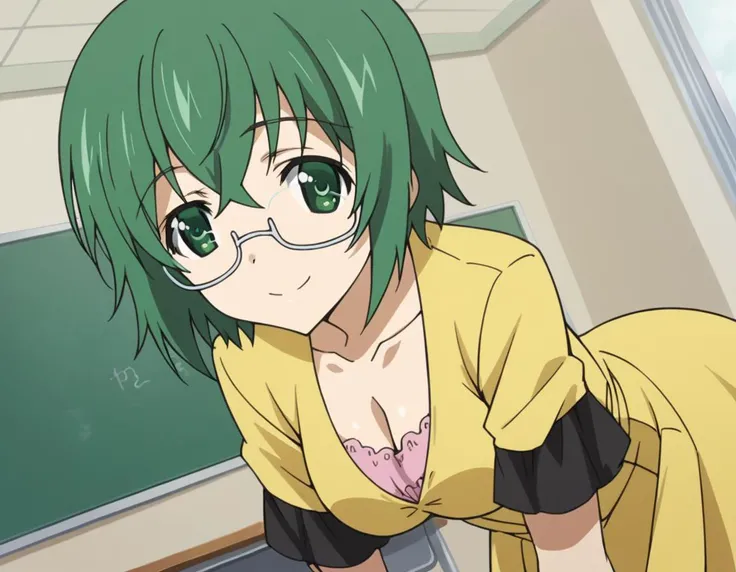 score_9, score_8_up, score_7_up, source_anime,
mayayamada, <lora:maya-yamada-s2-ponyxl-lora-nochekaiser:1>,
maya yamada, short hair, green eyes, green hair, glasses, semi-rimless eyewear, under-rim eyewear,
dress, cleavage, yellow dress, short sleeves, collarbone,
indoors, classroom, bent over, smile,
looking at viewer, cowboy shot, solo, dutch angle,