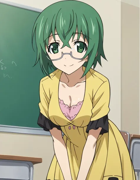 score_9, score_8_up, score_7_up, source_anime,
mayayamada, <lora:maya-yamada-s2-ponyxl-lora-nochekaiser:1>,
maya yamada, short hair, green eyes, green hair, glasses, semi-rimless eyewear, under-rim eyewear,
dress, cleavage, yellow dress, short sleeves, collarbone,
indoors, classroom, bent over, smile,
looking at viewer, cowboy shot, solo, dutch angle,
