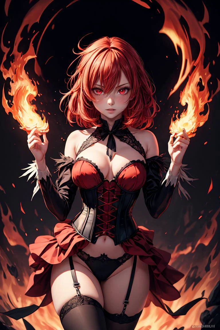 (masterpiece, best quality), 1girl, red hair, flaming hair, red eyes, flames, hands in flame, flame blade, red magic circle, red corset, black thighhighs, sidelighting, light particles, abstract, <lora:add_detail:1>