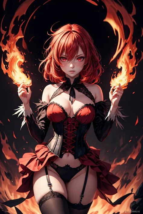 (masterpiece, best quality), 1girl, red hair, flaming hair, red eyes, flames, hands in flame, flame blade, red magic circle, red corset, black thighhighs, sidelighting, light particles, abstract, <lora:add_detail:1>