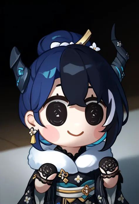 score_9, score_8_up, score_7_up, chibi, solo, 1girl, NerissaNewYears, smile, streaked hair, black hair, blue hair, uneven horns, hair bun, hair flowers, hairclip, tassel earrings, frilled choker, black kimono, feather-trimmed kimono, floral print, white fur scarf, black lace gloves<lora:style_beegsmol_ponyXL:1.1> <lora:ChamNerissaRavencroftPonyXL:0.9>