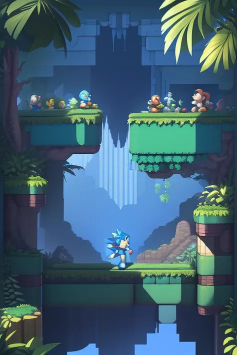 A platform game jungle, trees, blocks, rocks, chests, leathers, mario, Celeste, sonic, MegaMan, sideScroller,
 <lora:PlatformGameV0_2:1>