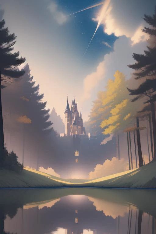 (masterpiece),(best quality:1.0), (ultra highres:1.0), detailed illustration, dreaming, forest, detailed sky, (mysterious huge castle)