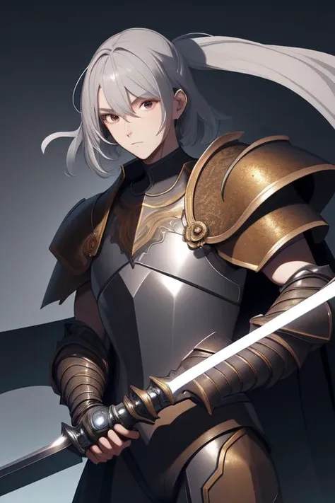 best quality, masterpiece, full body, character illustration, (ultra-detailed:1.3), highres, best lighting and shadow, stunning color scheme, black background, solo, cape, holding, sword, armor, holding weapon, 1boy, male focus, black armor, glowing