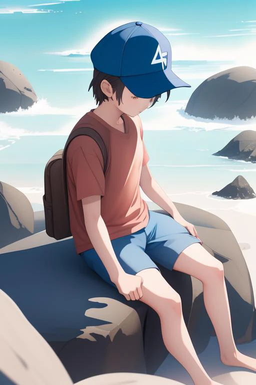 masterpiece, best quality, ultra-detailed, 
(by Atey Ghailan:1.01), (by Fumita Yanagida:1.18), (in style of watercolor pencil:1.2), (solo), a younger (boy) is (male child) of age 11, baseball cap, short sleeves, long shorts, barefoot, brown eyes, sitting on large rock, rocks, sea, looking sideway, emotionless, best quality, (close-up),