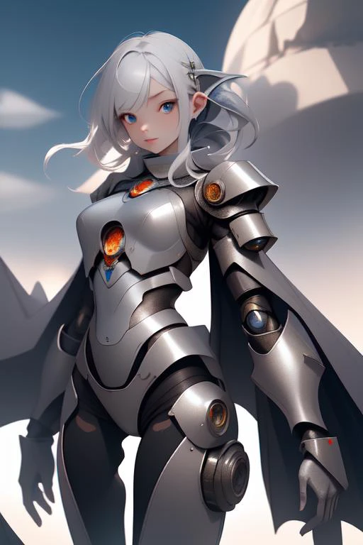 woman wearing magic fantasy mech armor flowing cape, pointed ears, beautiful face, detailed face, medium breasts, voluptuous, medium length silver hair, standing on a barren planet, planet in the sky, perfect lighting, perfect shading, volumetric lighting, subsurface scattering, (perfect body, perfect legs), <lora:nijiarmor_v2:0.8>, (photorealistic:1.37), (mature adult:1.4), (scifi fantasy art)