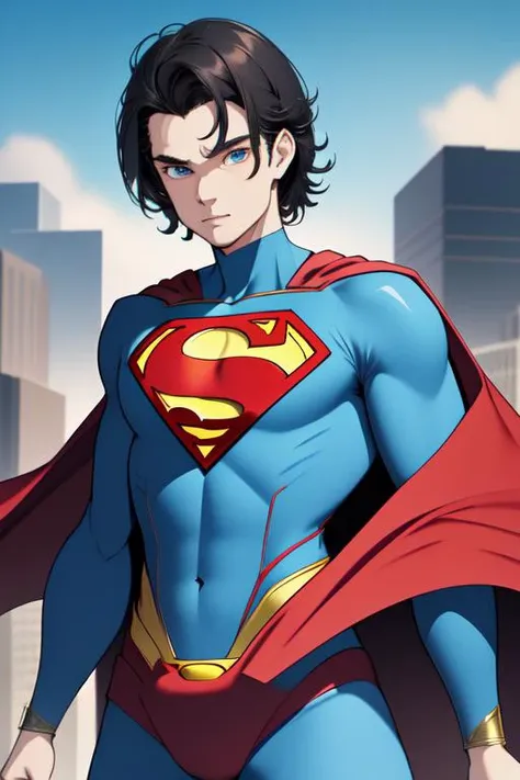 1boy, superman, abs, bara, black hair, blue bodysuit, blue eyes, bodysuit, cape, closed mouth, crossed arms, large pectorals, male focus, muscular, muscular male, pectoral lift, pectorals, red cape, short hair, outdoors, skyscrapers, solo, superhero, upper body , ((masterpiece)),