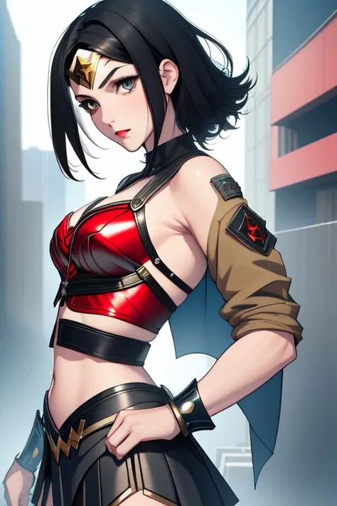 wonder woman, dressed as a punk, shaved side head hairstyle, detailed long hair, wearing short unzipped crop army jacket, crop top, cleavage, smirking, cyberpunk style, professional comic book style, daytime skies