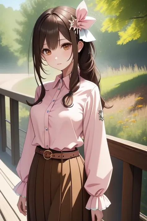 masterpiece, best quality, highres, ts2, brown eyes, pink shirt, long skirt, belt, long sleeves, breasts, <lora:tokino_sora_v20a:0.7>, cowboy shot, standing, looking at viewer, outdoors,