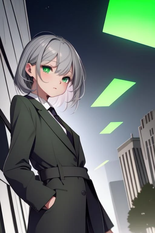 (masterpiece, best quality),(((from below, depth of field, dutch angle, green lighting))), floating hair, 1girl, solo, formal, hand in pocket, suit, black gloves, building, looking at viewer, black necktie, fingerless gloves, white shirt, city, outdoors, black jacket, belt, black pants, collared shirt, brown eyes, standing, long sleeves, grey hair, cityscape, open jacket, cowboy shot, skyscraper, black suit, night, pant suit, very long hair