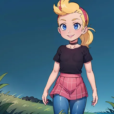 <lora:Sissy_Blakely_Leaf3:0.6>,smirk,grin,
sissy Blakely,solo,
blue eyes,blonde hair,(stoke hair:1.3),(low ponytail:1.2),black choker,hairband,long lashes,pink lip,black shirt,short sleeves,(plaid skirt:1.1),jeans,
lawn,