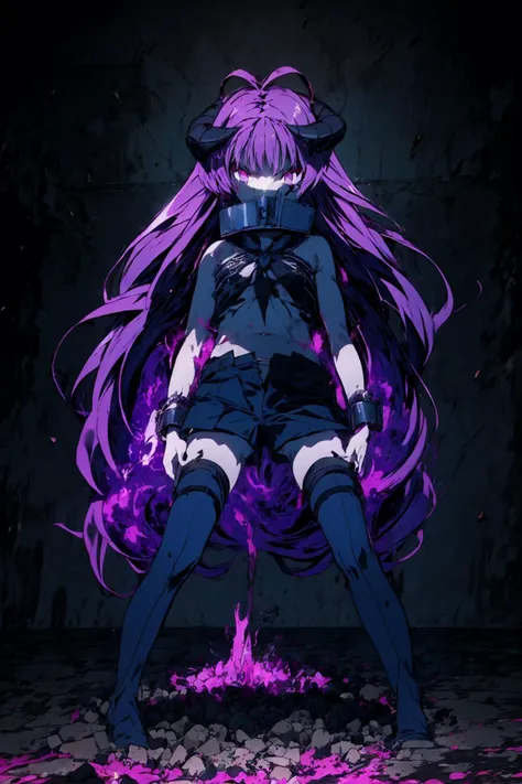 grin <lora:Better_Sharp_Teeth:0.8> sharp teeth <lora:mushoku_tensei_style_offset:0.8> mushoku tensei style, anime coloring, 1girl, solo, <lora:kisilica:1>, kishirika_kishirisu, 1girl , belly, black_horns, black_legwear, demon_horns, female, flat_chest,horns, long_hair, purple_hair, thighhighs, collar, black tube top, navel, tummy, midriff, petite, masterpiece, best quality, highest quality, perfect anatomy, perfect face, perfect eyes, high quality, beautiful, visually stunning, elegant, incredible details, award-winning painting, (dark art:1.1), deep shadow, <lora:LowRA:0.7>, (dark theme:1.2), <lora:r1ge_-_AnimeRage:1>, r1ge, (angry:0.8), glowing, (aura:1.2), energy, flying debris, flying fragments, intricate details, more details, <lora:more_details:0.5>